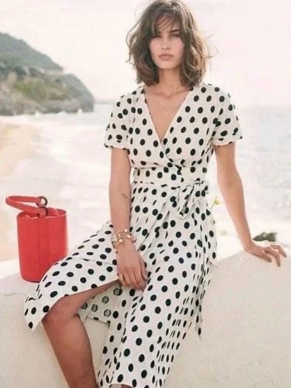 SEZANE Robe Marielle wrap dress Black Dots Ecru Background size 38 (US 6) NWT